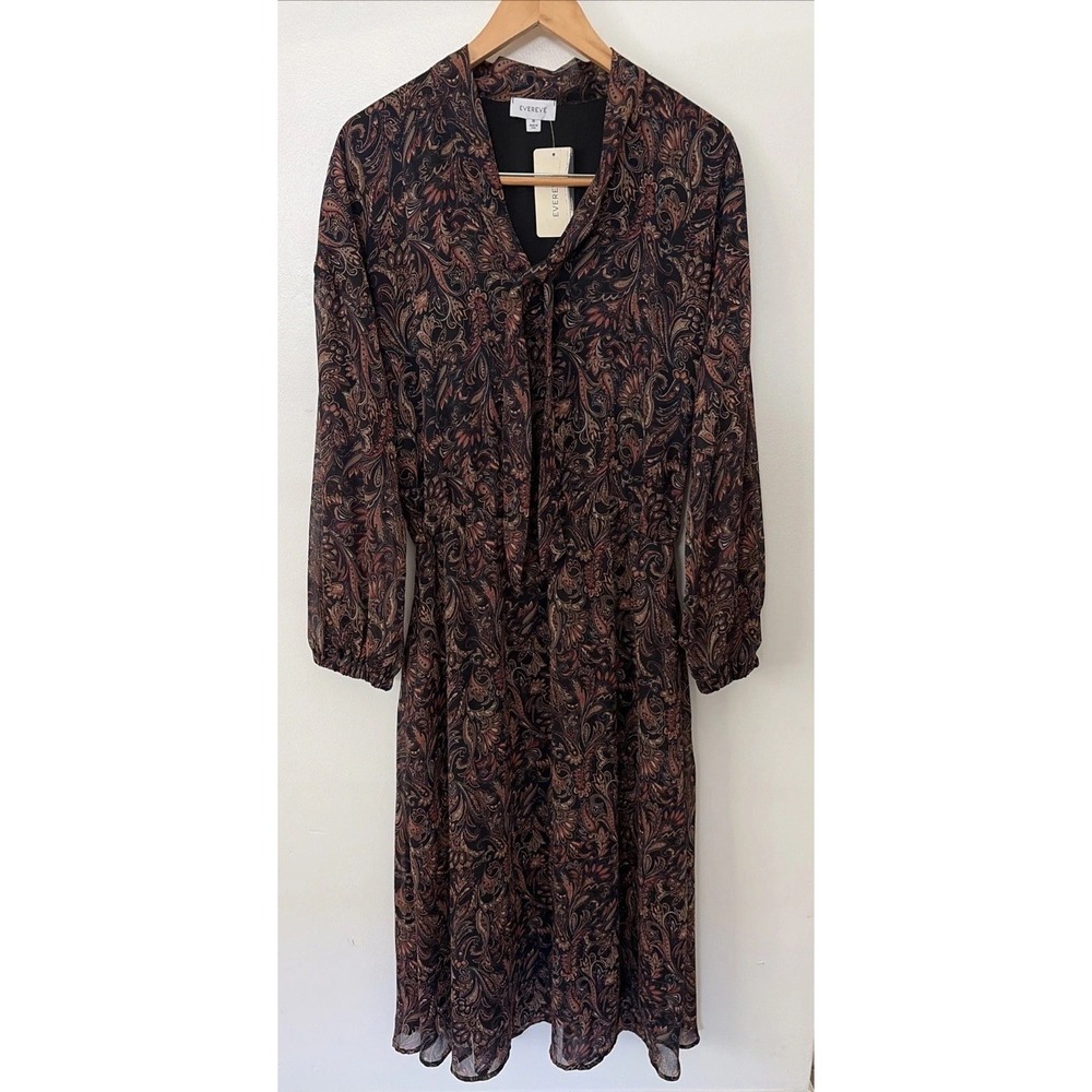 Evereve Eliza Paisley Dress Midi Chiffon Tie Neck Long Sleeve M Black Brown Blue